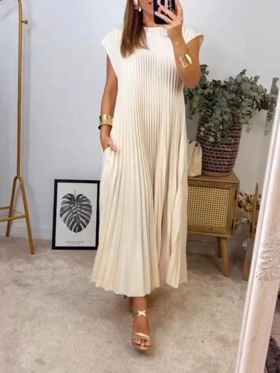 Full Size Pleated Round Neck Maxi Dress Plus Size-2