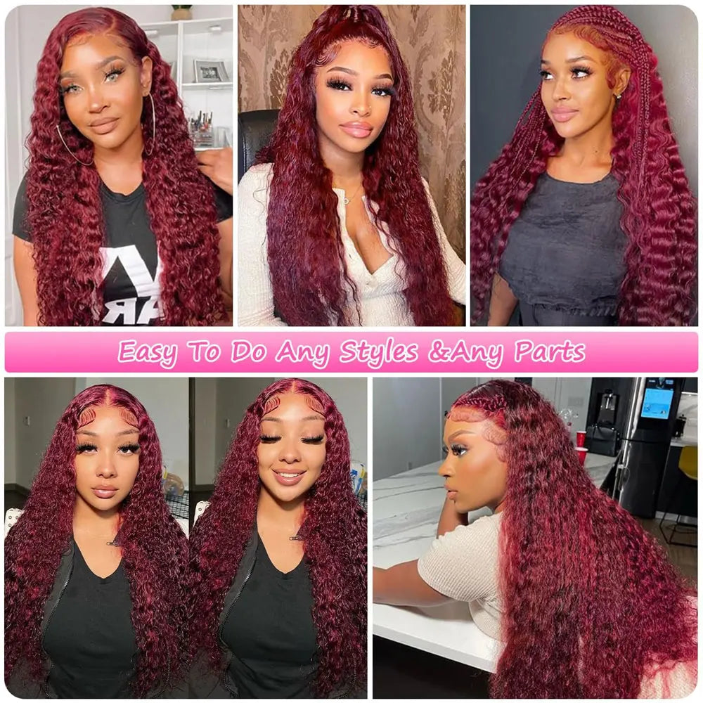 30 Inch Burgundy 99j Deep Wave Frontal Wig Colored Curly Human Hair Wigs 200 250 Density 13x4 Hd Lace Frontal Human Hair Wigs-3