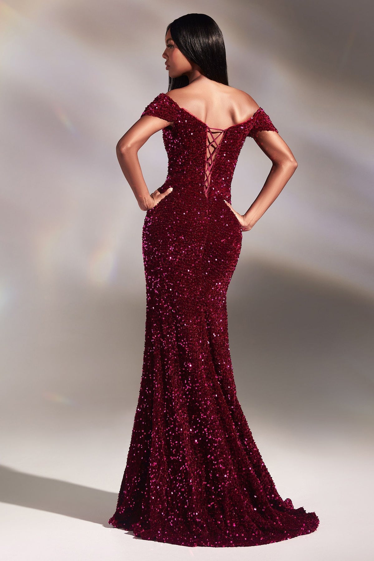 Red | Off-Shoulder Sequin Slit Gown – Sweetheart Neckline Formal Dress  CDCA109-1