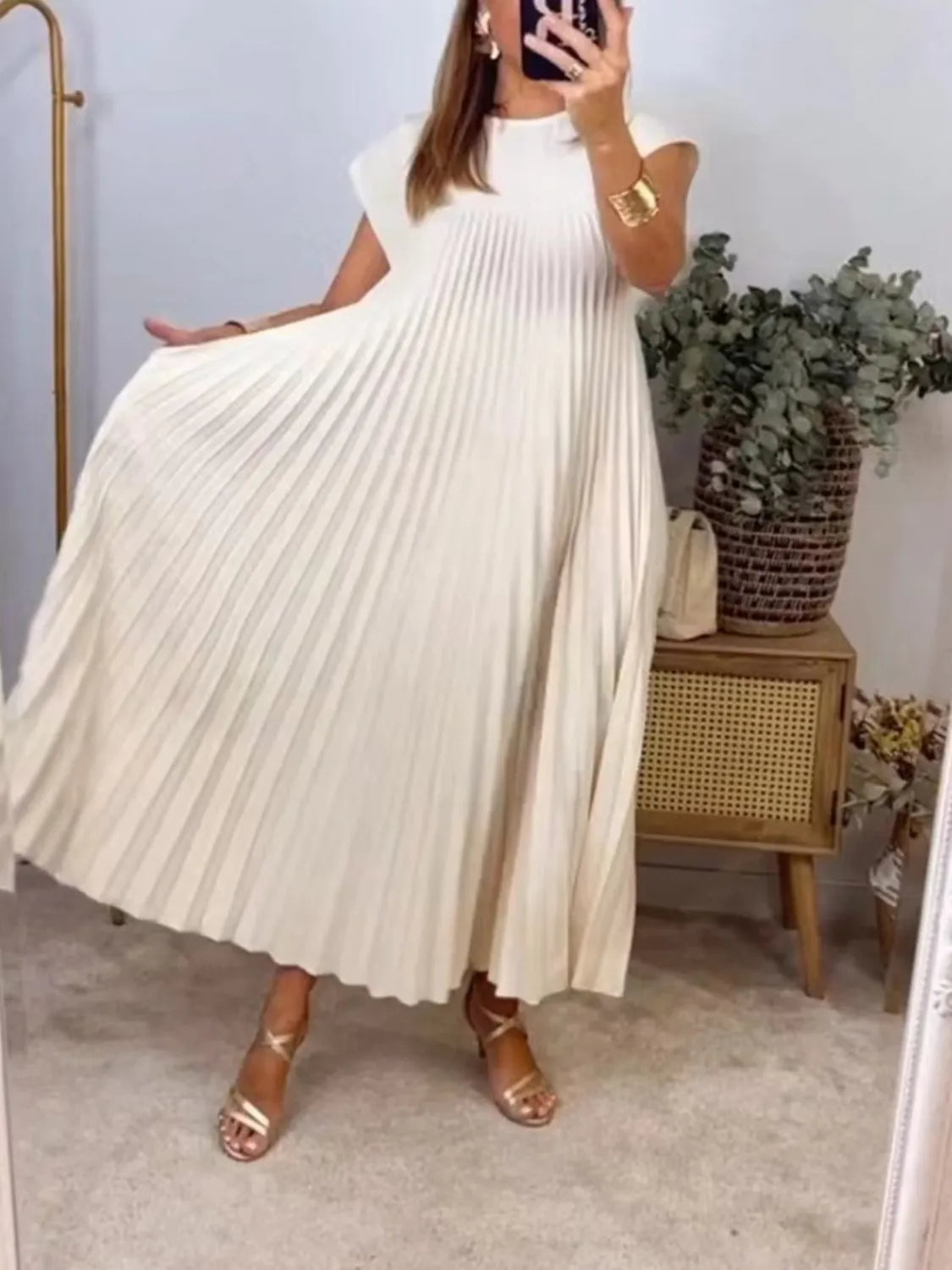 Full Size Pleated Round Neck Maxi Dress Plus Size-1