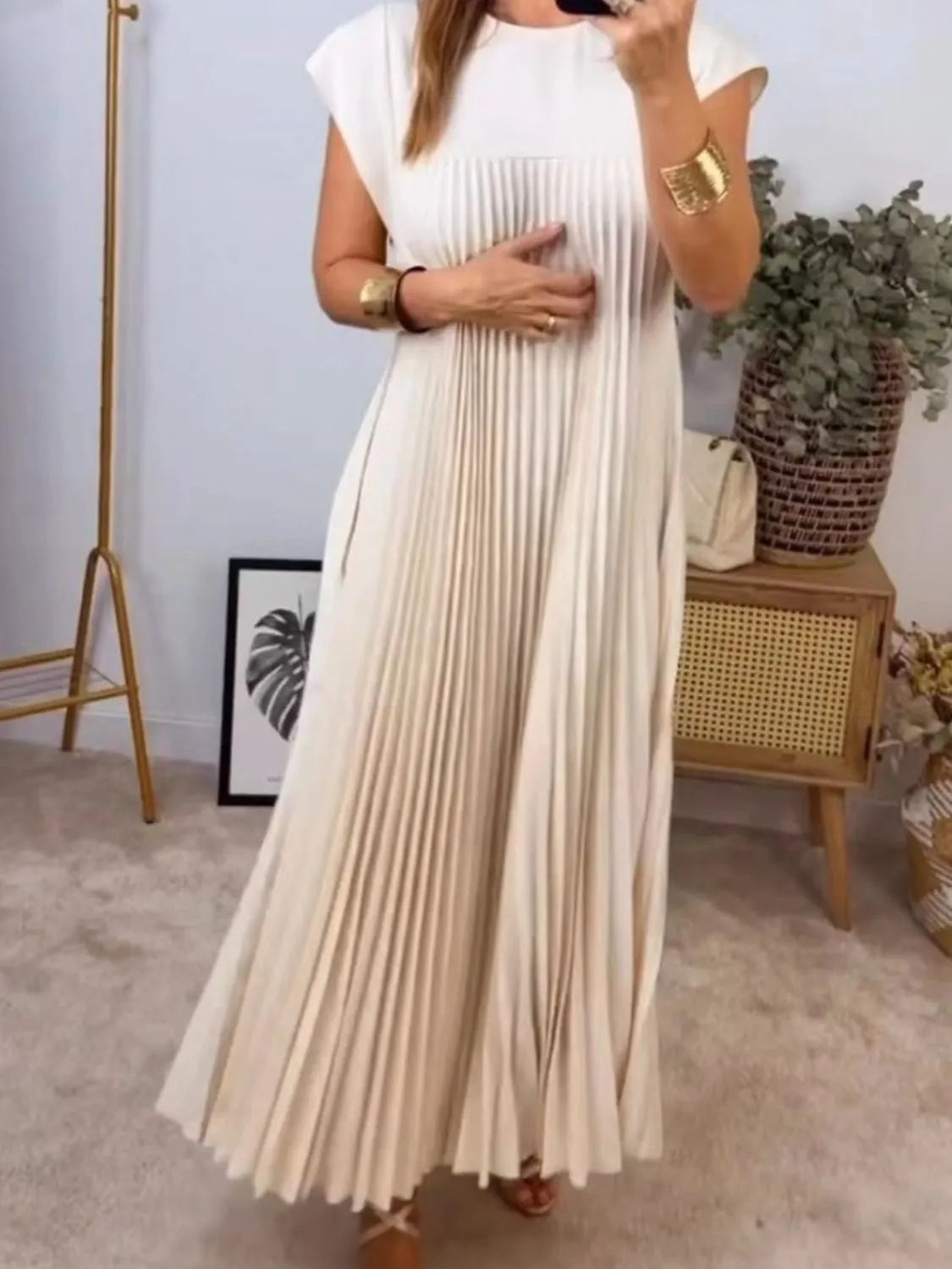 Full Size Pleated Round Neck Maxi Dress Plus Size-0
